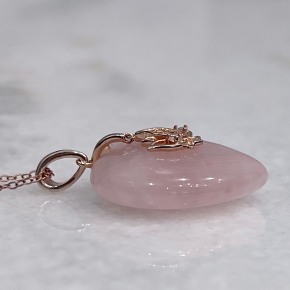 Galilea Rose Quartz White Zircon 14K RG Sterling Silver Lotus On Heart Necklace - Picture 4 of 10